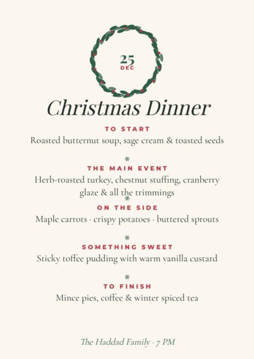 Christmas Dinner Menu