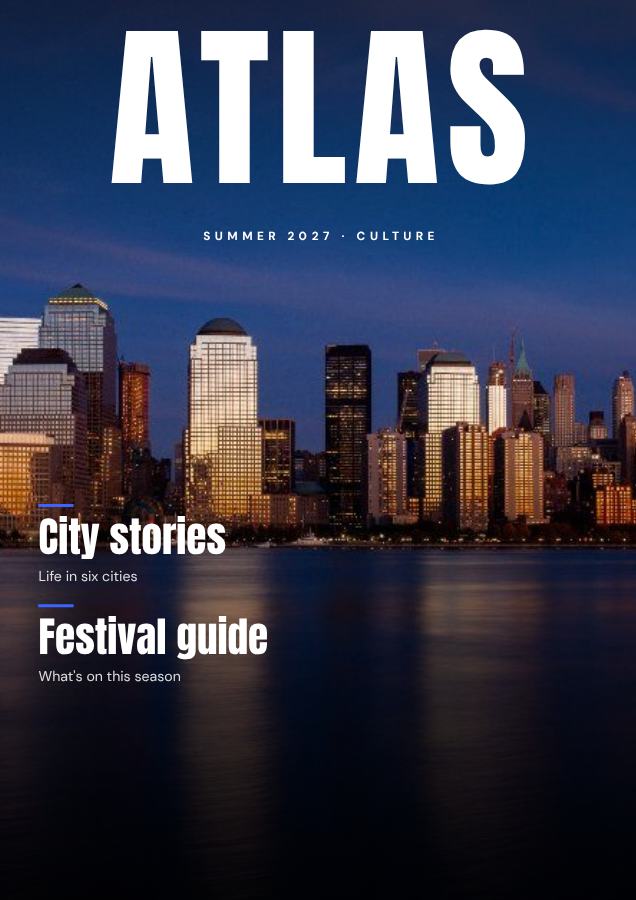 Cobalt ATLAS Culture Magazine Cover Summer 2027 — editable marketing template