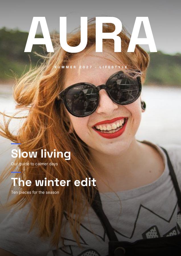 Cobalt AURA Lifestyle Magazine Cover Summer 2027 — editable marketing template
