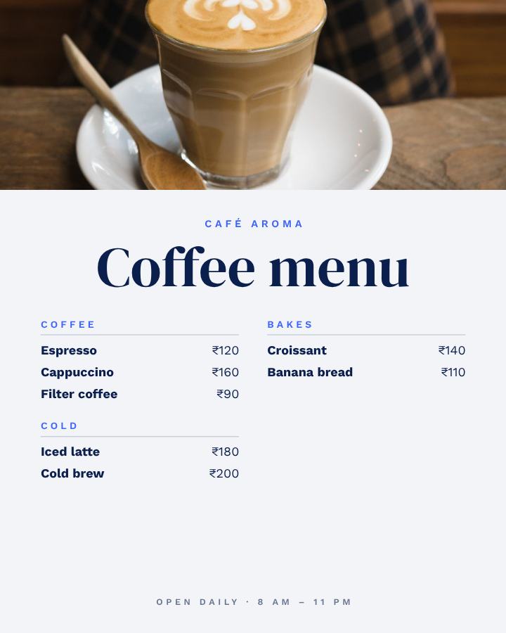 Cobalt Café Aroma Coffee menu A4 — editable menus template