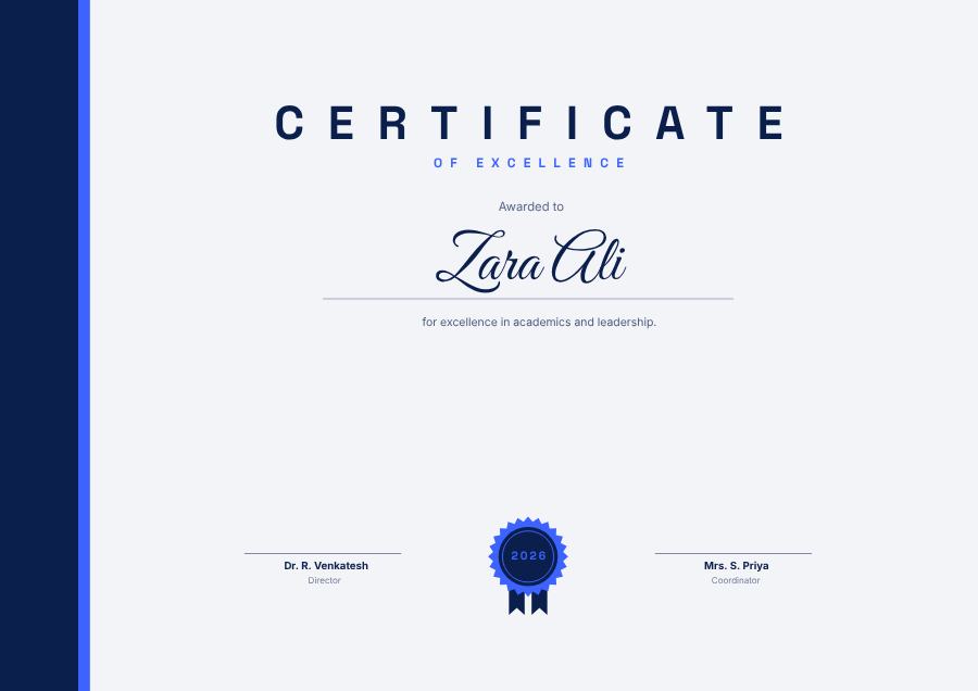 Cobalt Certificate Of Excellence Certificate Modern — editable certificates template