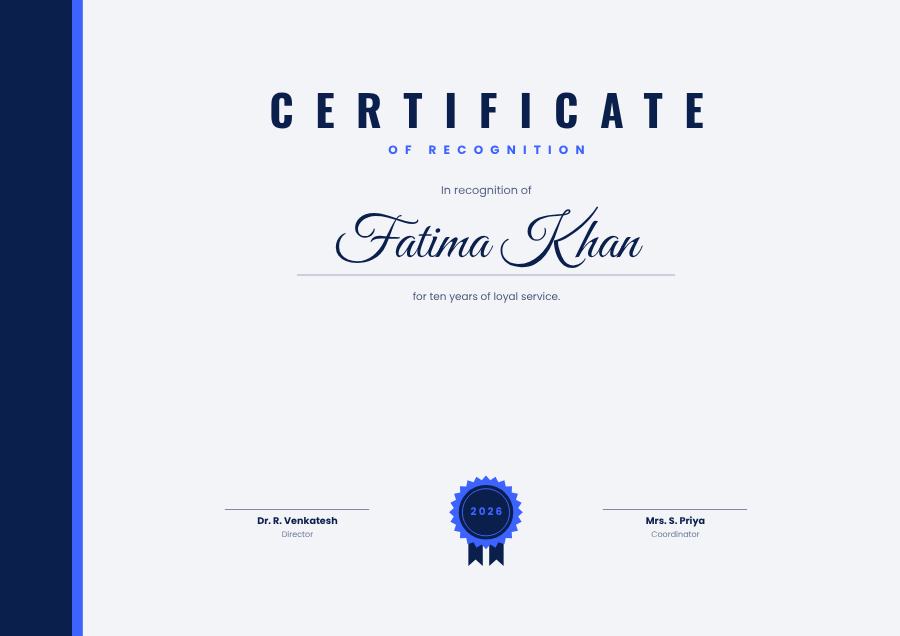 Cobalt Certificate Of Recognition Certificate Classic — editable certificates template