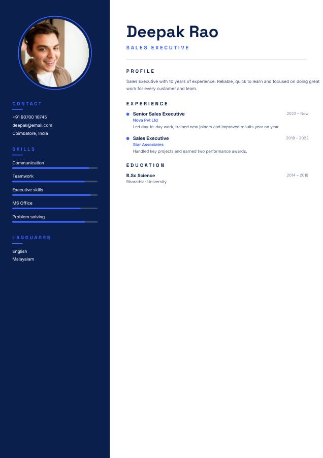 Cobalt Deepak Rao Sales Executive Resume — editable resume template