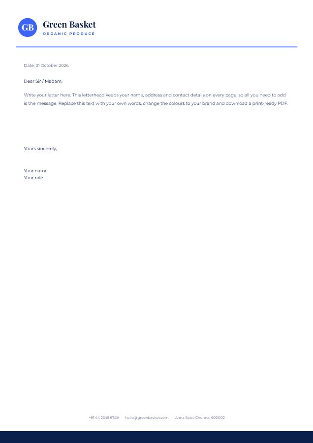 Cobalt Green Basket Minimal Letterhead — editable business template