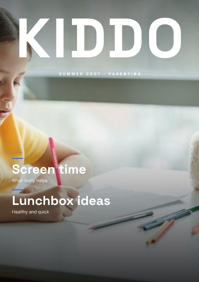 Cobalt KIDDO Parenting Magazine Cover Summer 2027 — editable marketing template