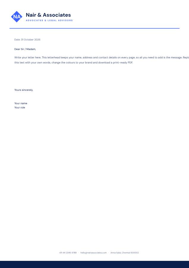 Cobalt Nair & Associates Minimal Letterhead — editable business template
