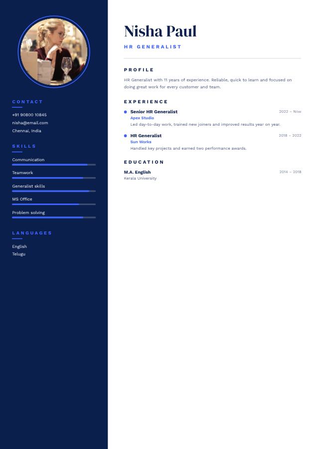 Cobalt Nisha Paul HR Generalist Resume — editable resume template