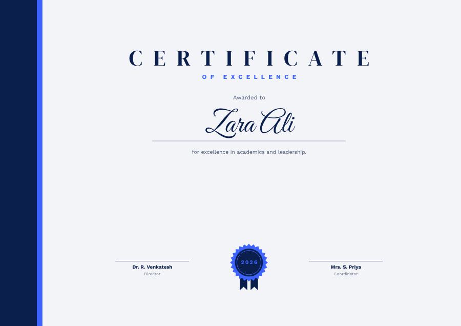 Cobalt Of Excellence Certificate Modern — editable certificates template
