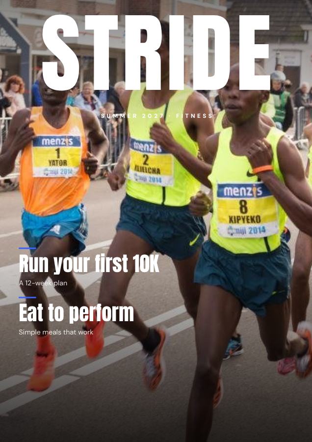 Cobalt STRIDE Fitness Magazine Cover Summer 2027 — editable marketing template
