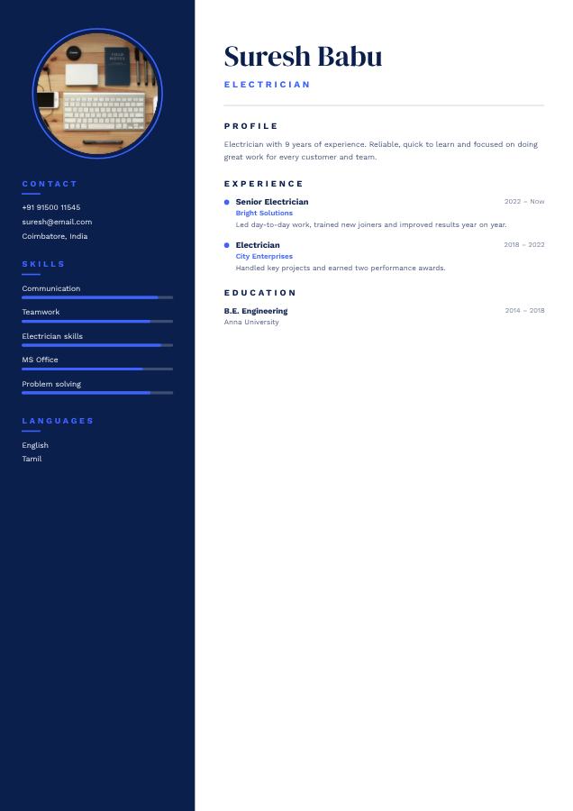 Cobalt Suresh Babu Electrician Resume — editable resume template