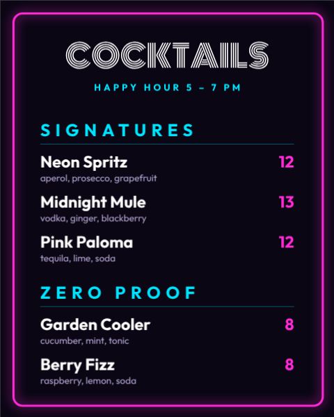 Cocktail Night Menu template