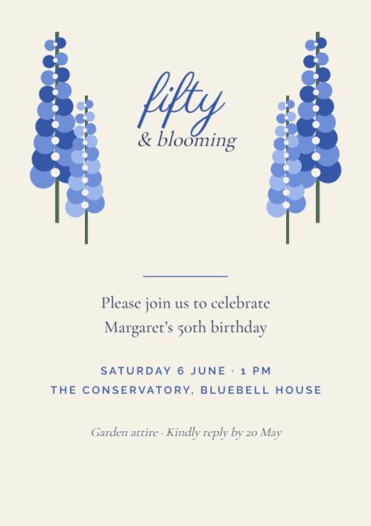 Cool Blue Floral Fiftieth Invitation template