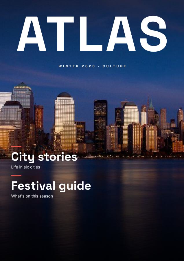 Coral ATLAS Culture Magazine Cover Winter 2026 — editable marketing template
