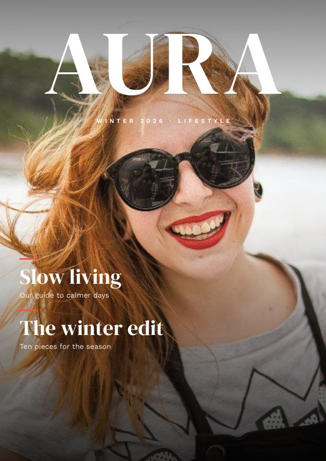 Coral AURA Lifestyle Magazine Cover Winter 2026 — editable marketing template