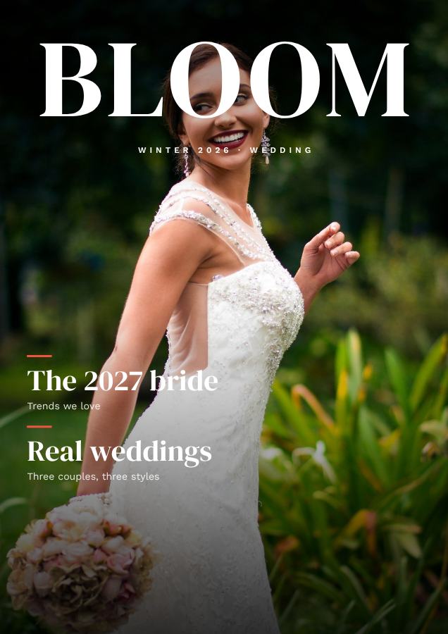Coral BLOOM Wedding Magazine Cover Winter 2026 — editable marketing template