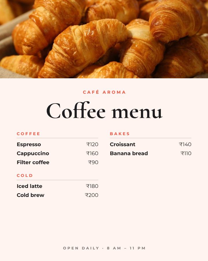 Coral Café Aroma Coffee menu A4 — editable menus template