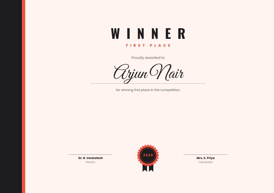 Coral First Place Winner Classic — editable certificates template
