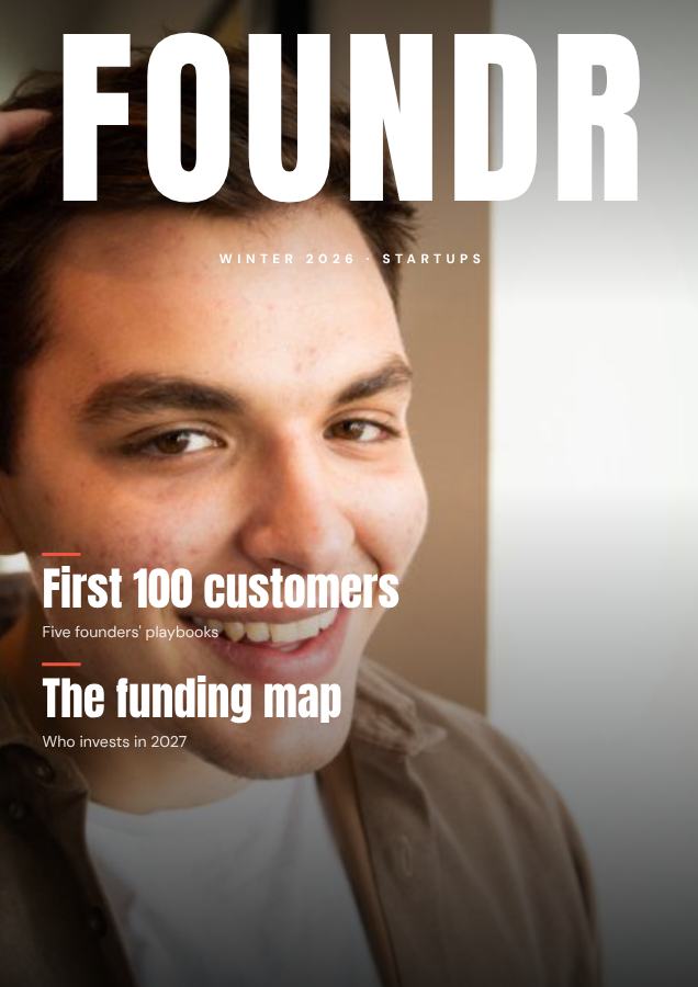 Coral FOUNDR Startups Magazine Cover Winter 2026 — editable marketing template