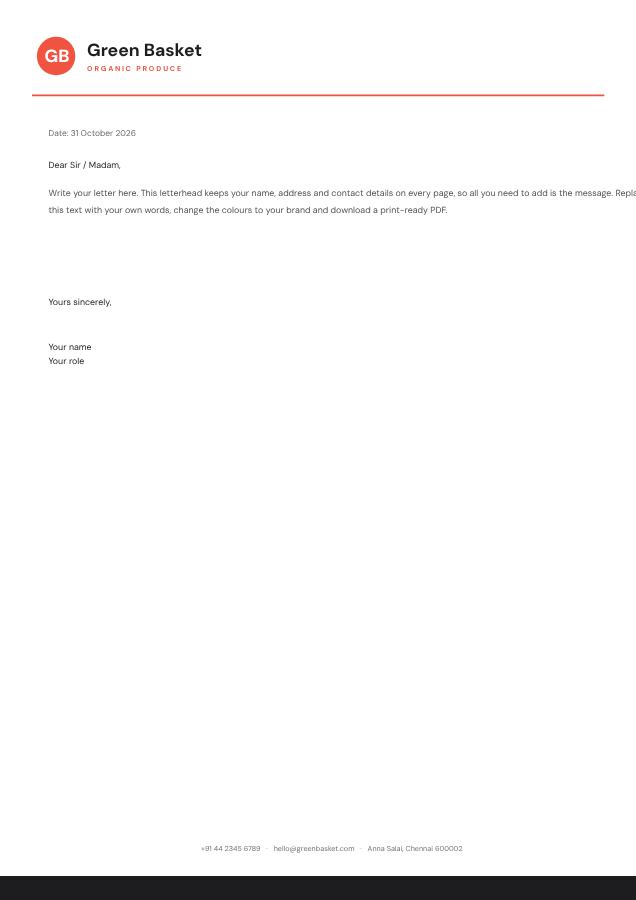Coral Green Basket Minimal Letterhead — editable business template
