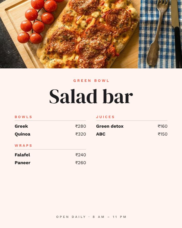 Coral Green Bowl Salad bar Card — editable menus template