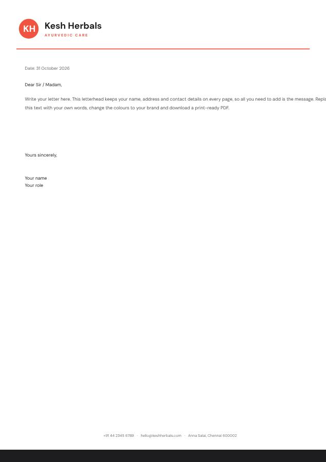 Coral Kesh Herbals Minimal Letterhead — editable business template