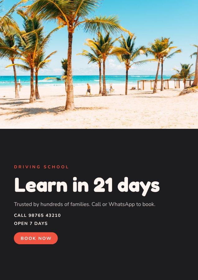 Coral Learn in 21 days Driving school Flyer A4 — editable business template