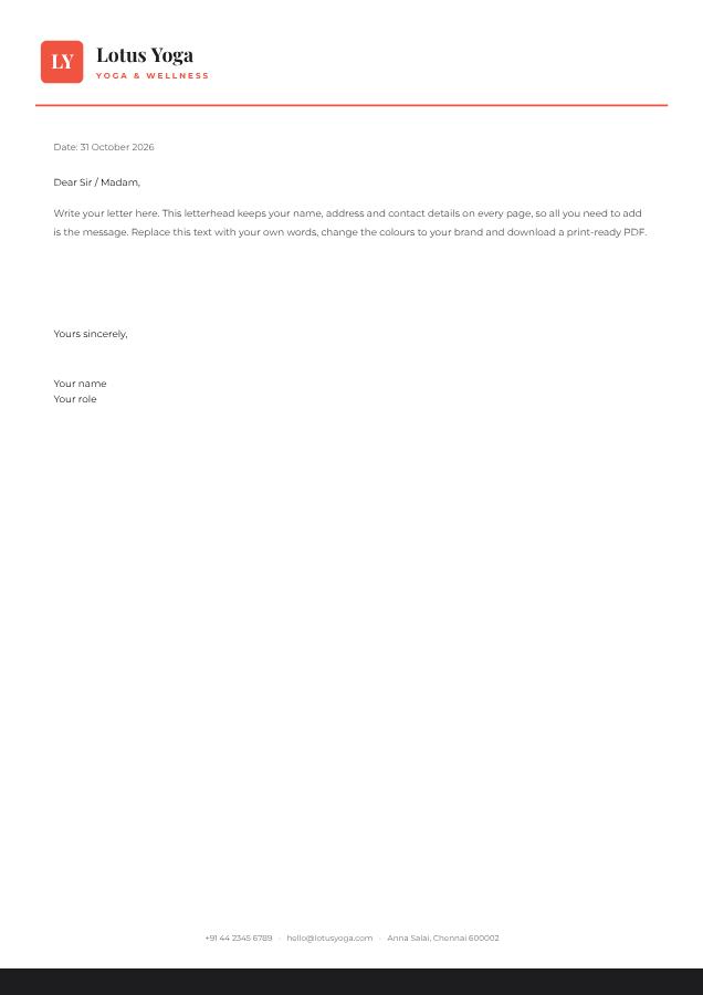 Coral Lotus Yoga Minimal Letterhead — editable business template