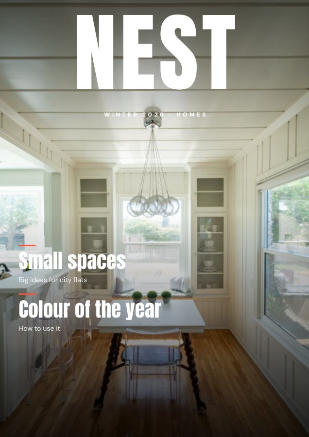 Coral NEST Homes Magazine Cover Winter 2026 — editable marketing template