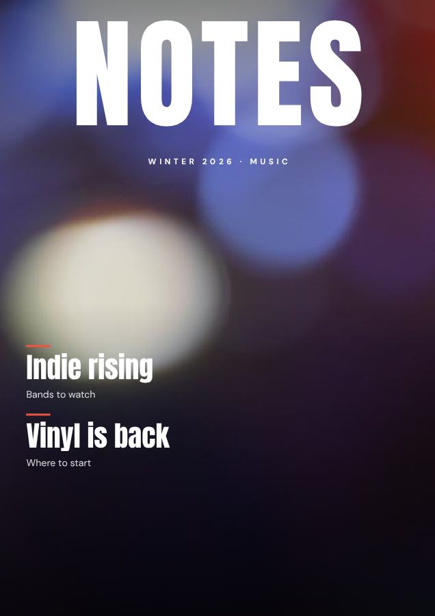 Coral NOTES Music Magazine Cover Winter 2026 — editable marketing template