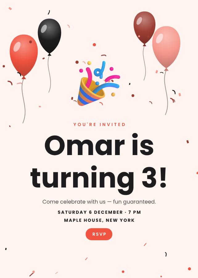 Coral Omar's Three Birthday Invitation — editable birthday template
