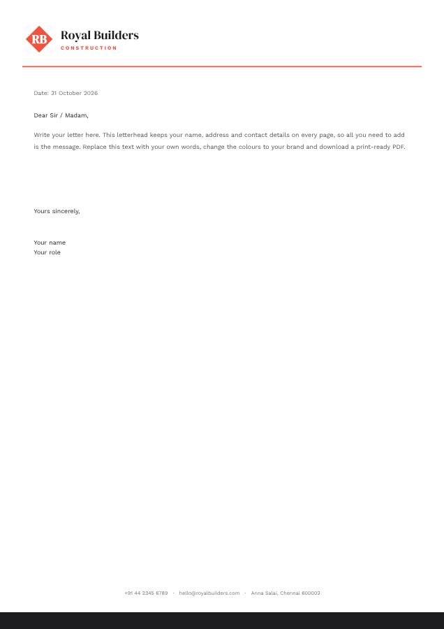 Coral Royal Builders Minimal Letterhead — editable business template