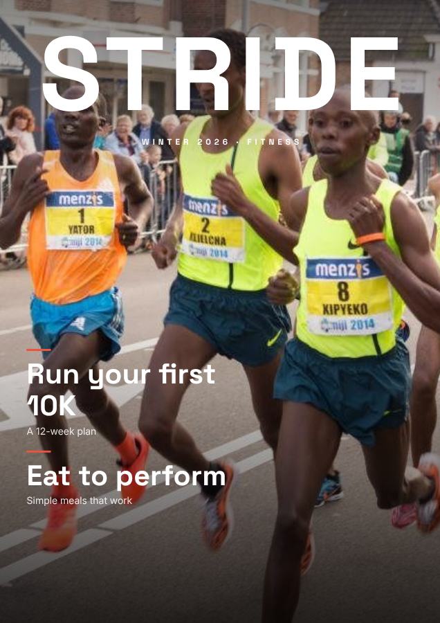 Coral STRIDE Fitness Magazine Cover Winter 2026 — editable marketing template