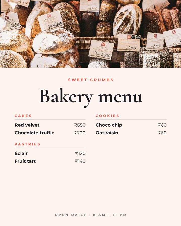 Coral Sweet Crumbs Bakery menu — editable menus template