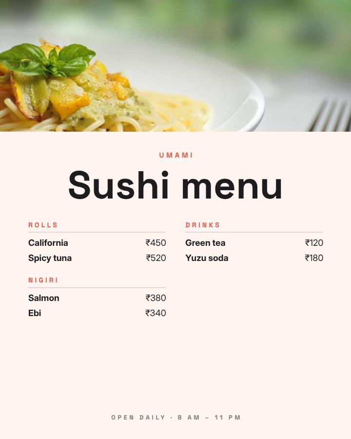 Coral Umami Sushi menu — editable menus template