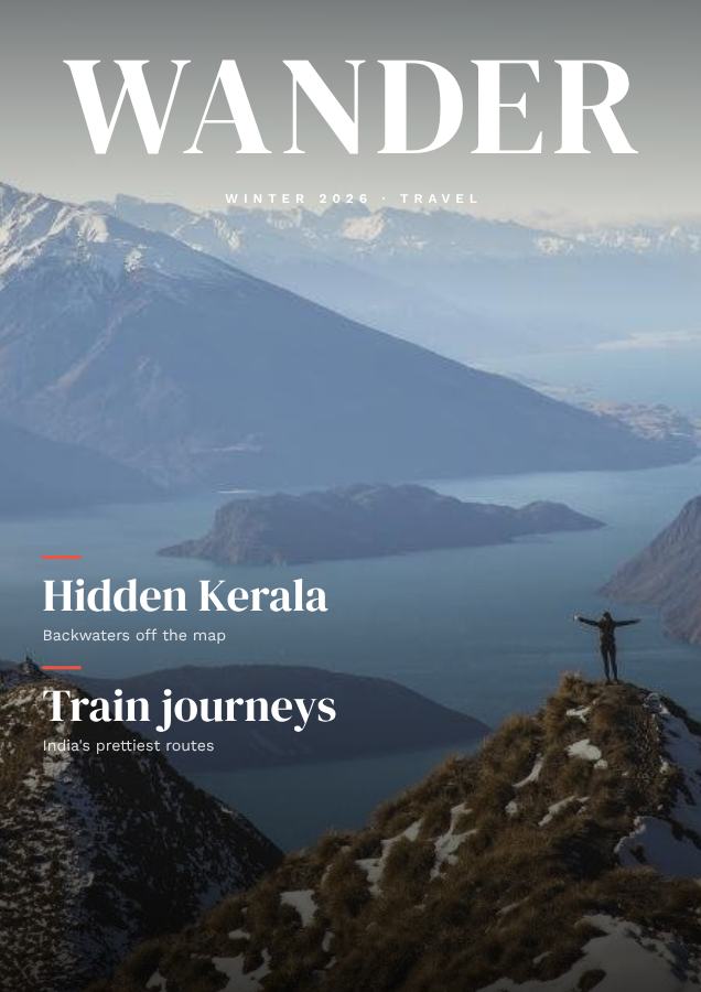 Coral WANDER Travel Magazine Cover Winter 2026 — editable marketing template