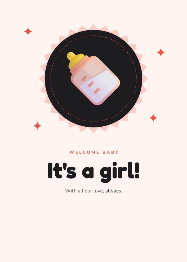 Coral Welcome baby It's a girl! Card — editable love & family template