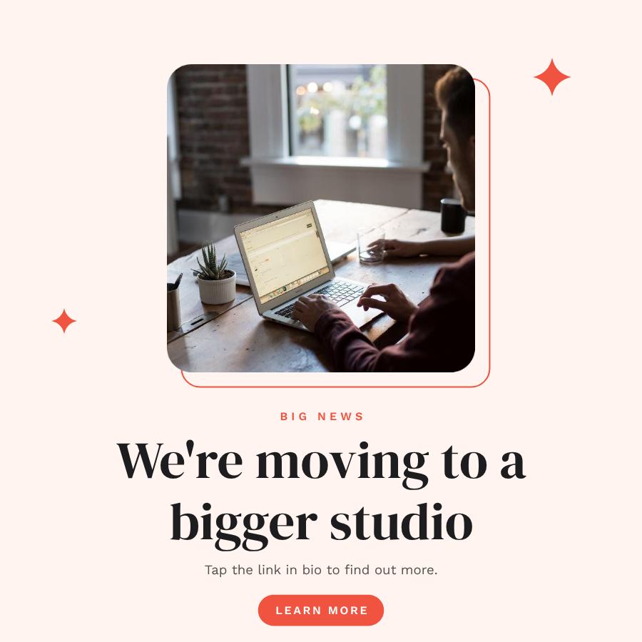 Coral We're moving to a bigger studio Announcement Post — editable social media template