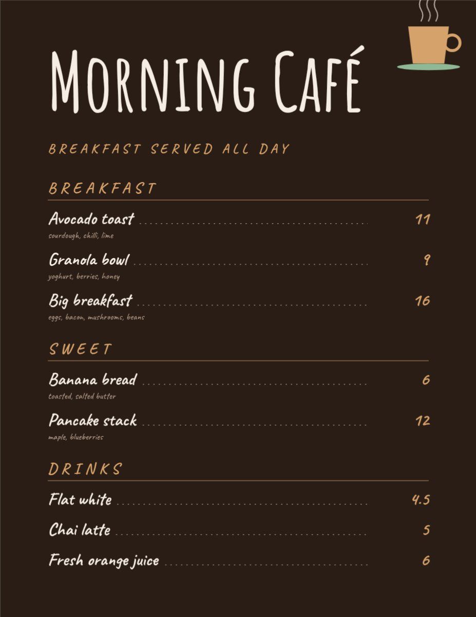 Cozy Cafe Menu — editable menus template