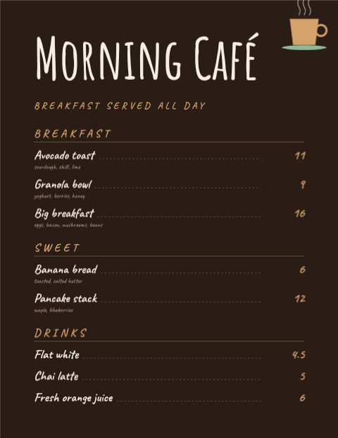 Cozy Cafe Menu template