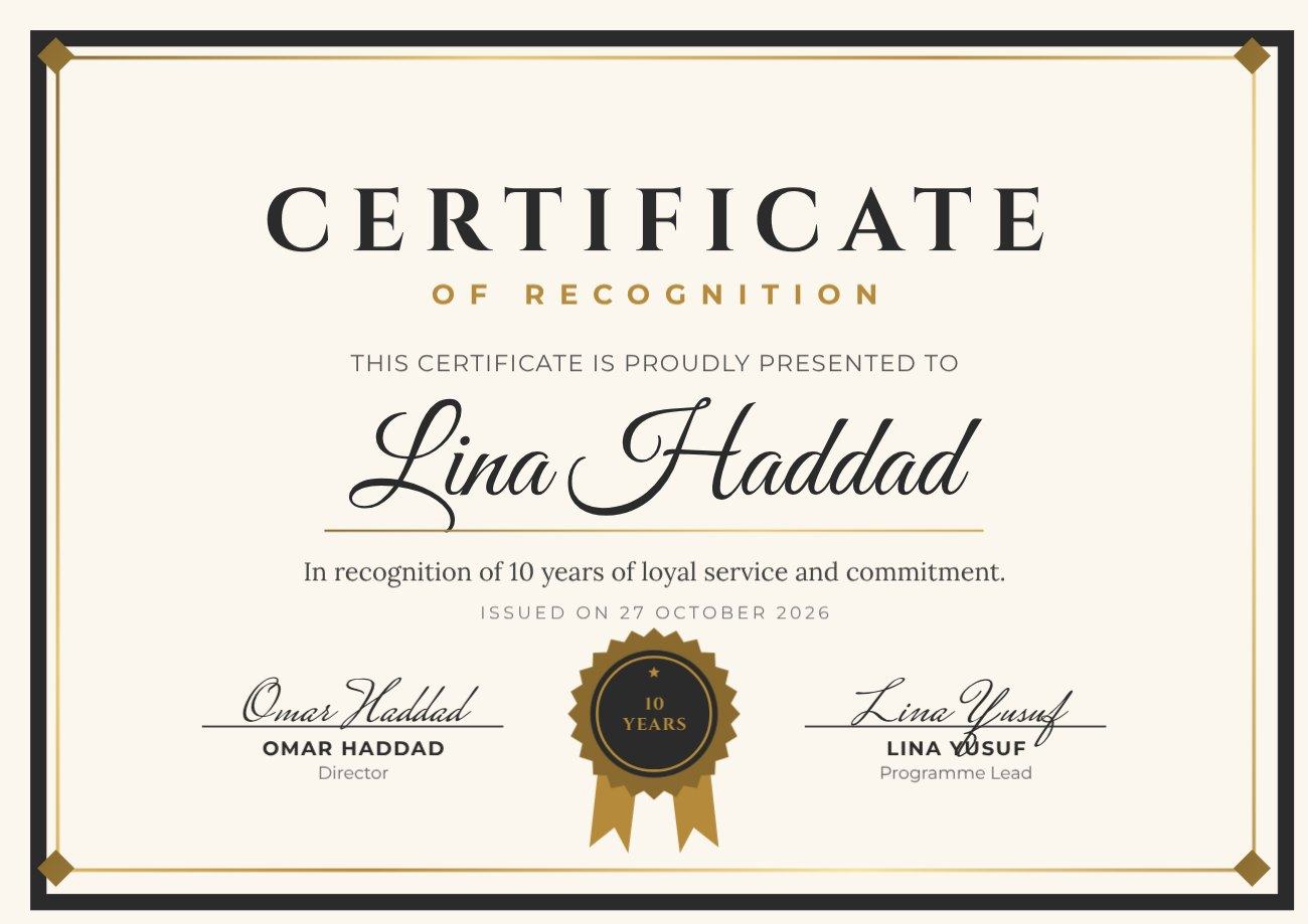 Cream Frame Certificate of Recognition — editable certificates template