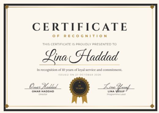 Cream Frame Certificate of Recognition