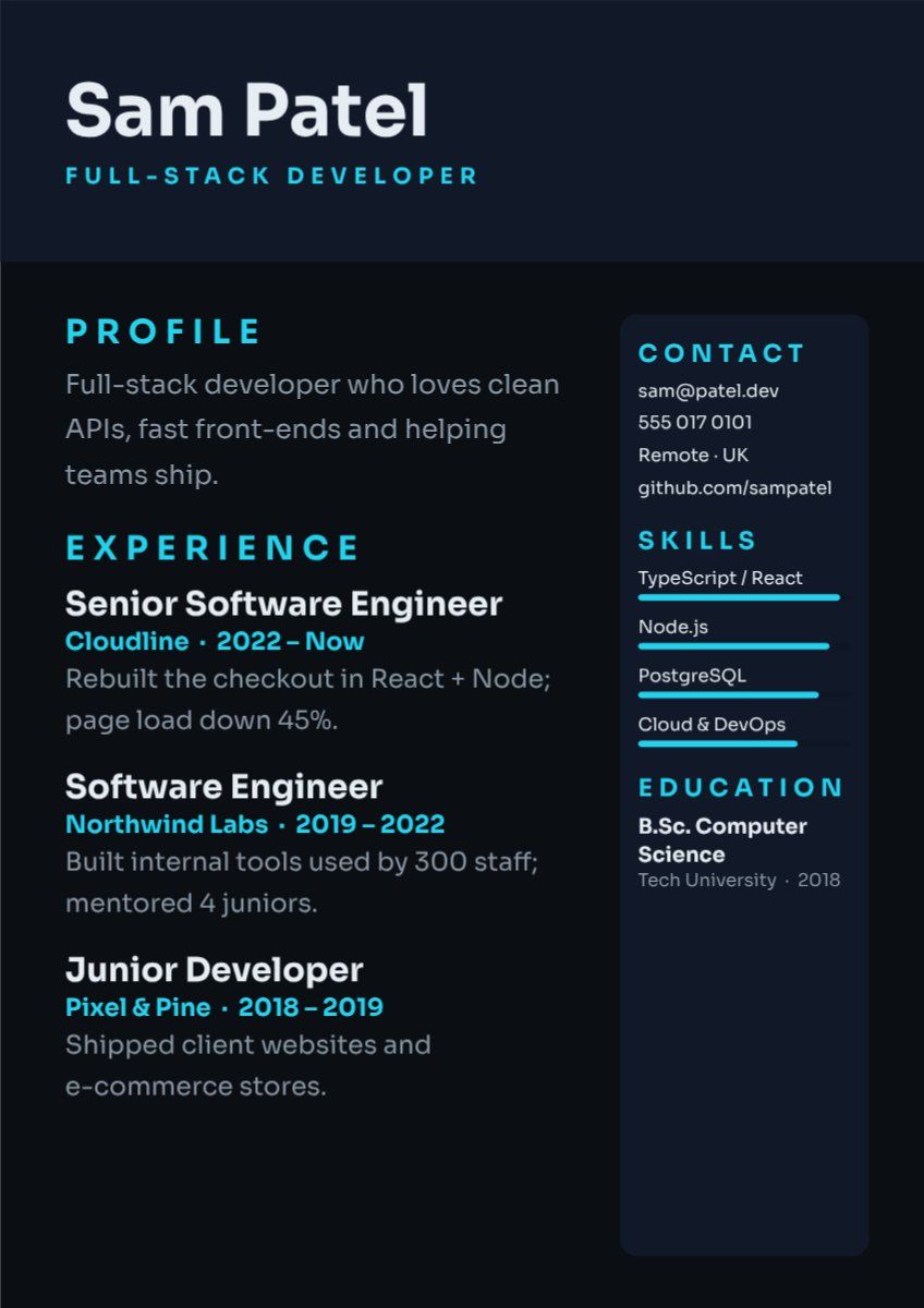 Developer Tech Resume — editable resume template