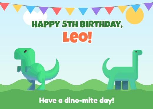Dino Party 5th Birthday Card — free greeting card template