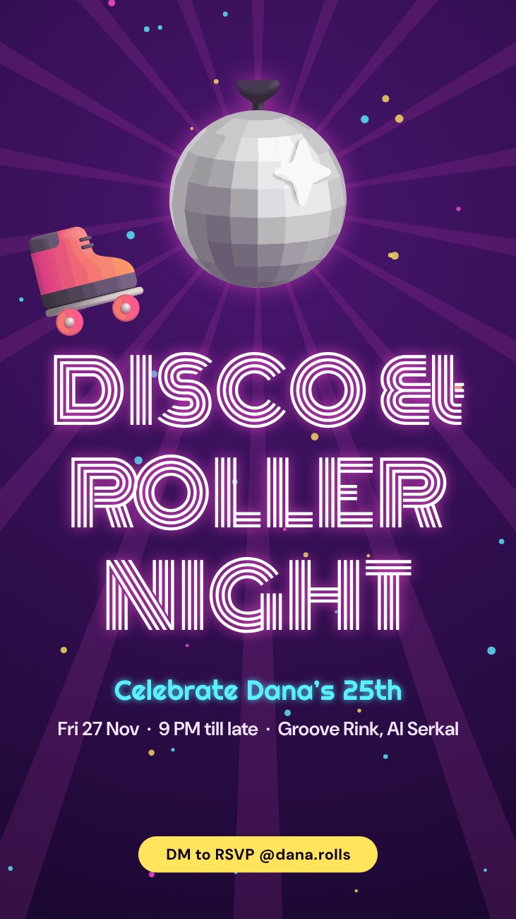 Disco Roller Night 25th Story — editable birthday template