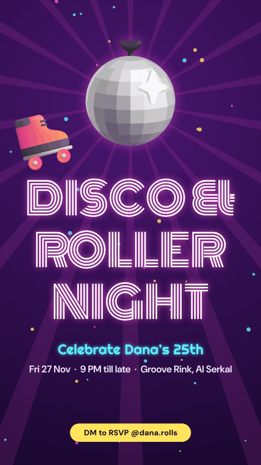 قالب بطاقة دعوة مجاني — Disco Roller Night 25th Story