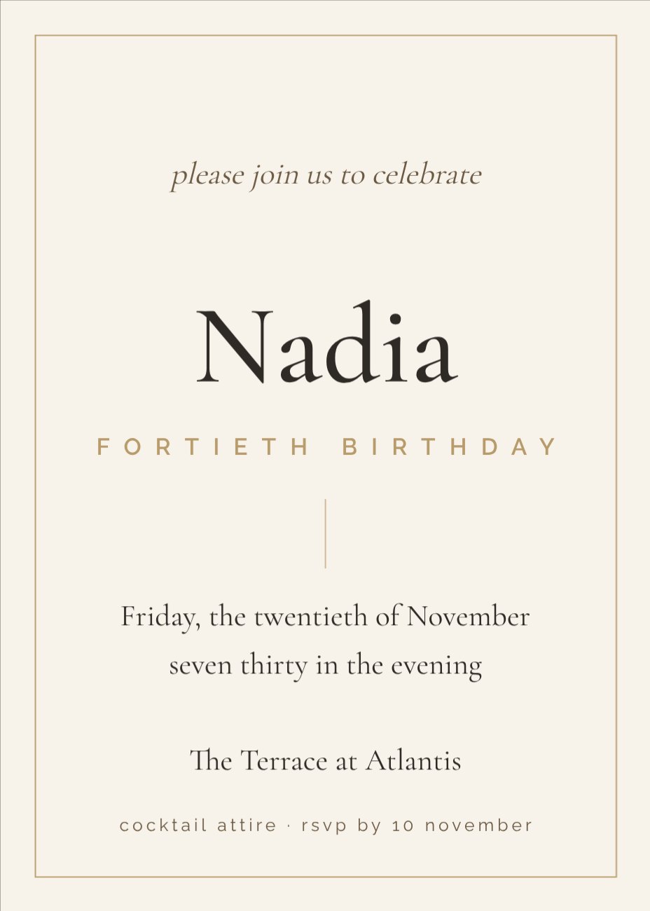 Elegant Champagne 40th Invitation — editable birthday template
