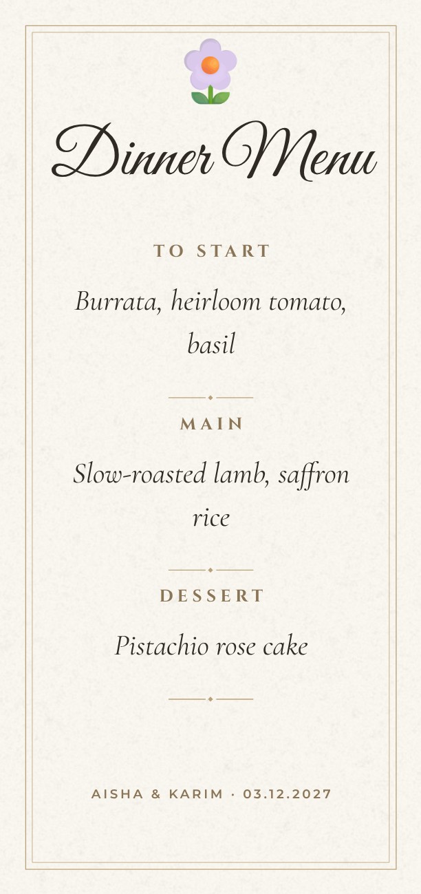 Elegant Wedding Dinner Menu — editable wedding template