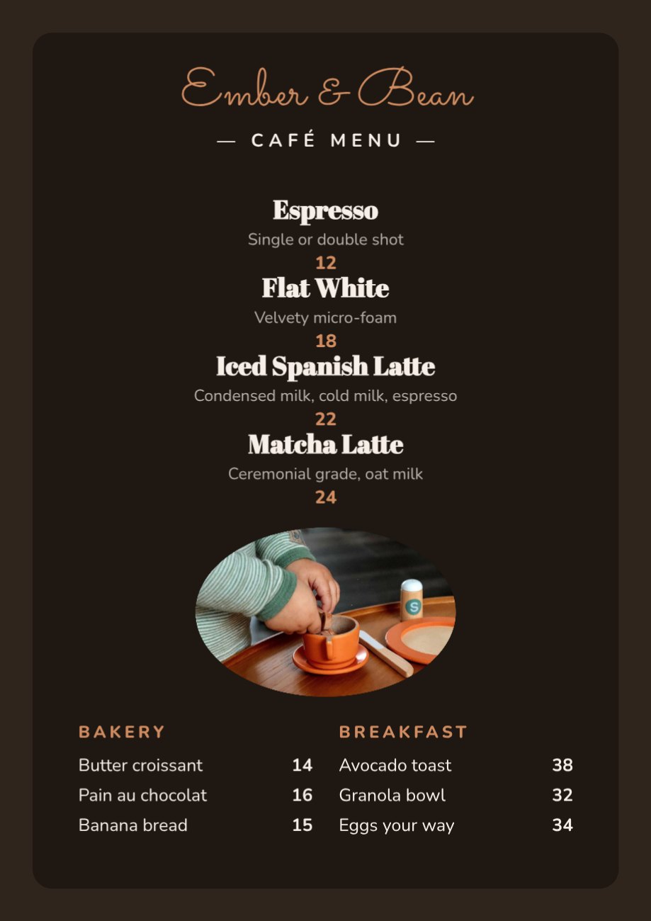 Ember & Bean Café Menu — editable menus template