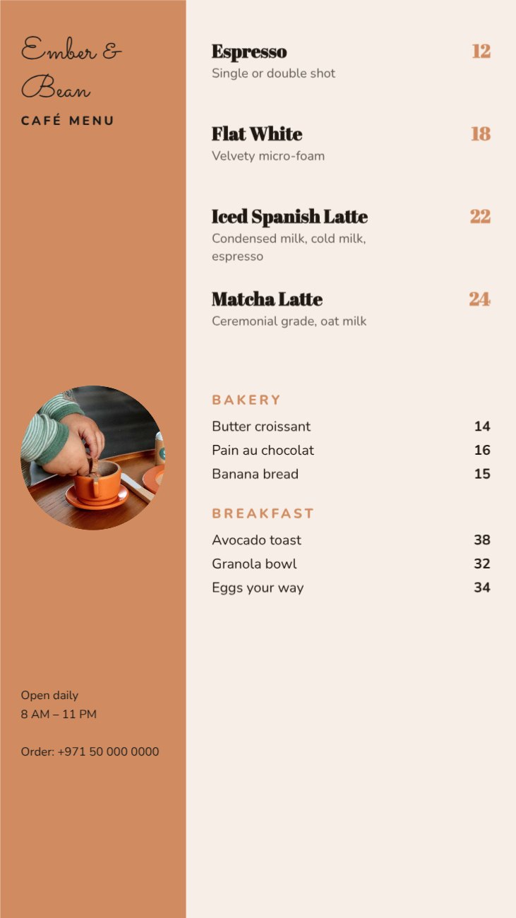 Ember & Bean Café Story Menu — editable menus template