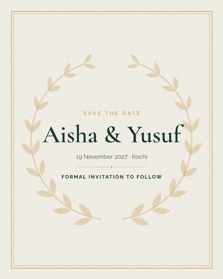 Emerald Aisha and Yusuf Save the Date — editable wedding template